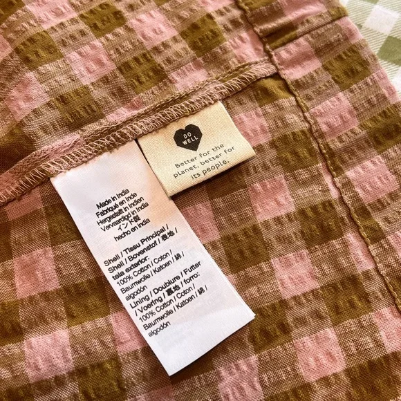 Madewell Pink and Olive Green Gingham Plaid Mini Babydoll Puff Sleeve Dress - Picture 8 of 9